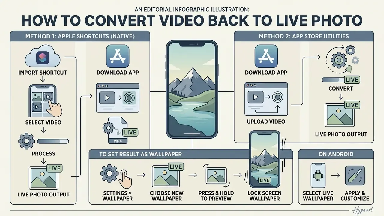 Flowchart comparing Apple Shortcuts and third-party apps to convert video files into Live Photos