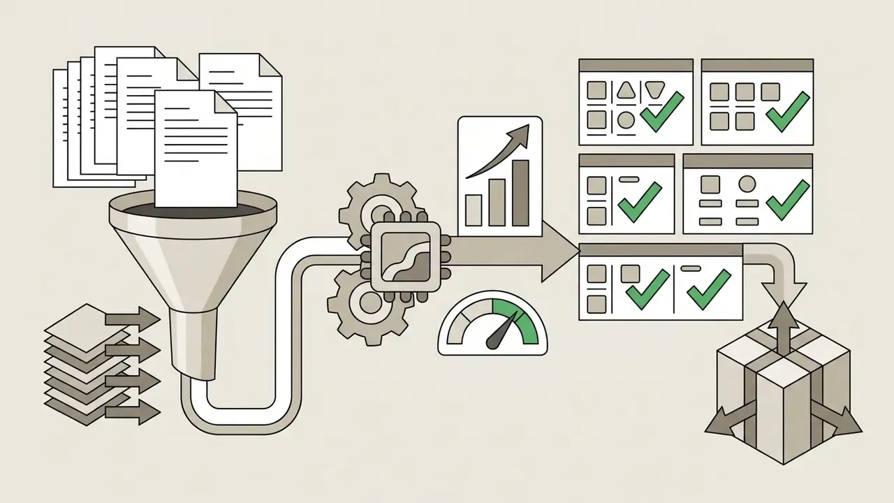 Documents and files passing through a funnel and automated processor to generate organized data outputs