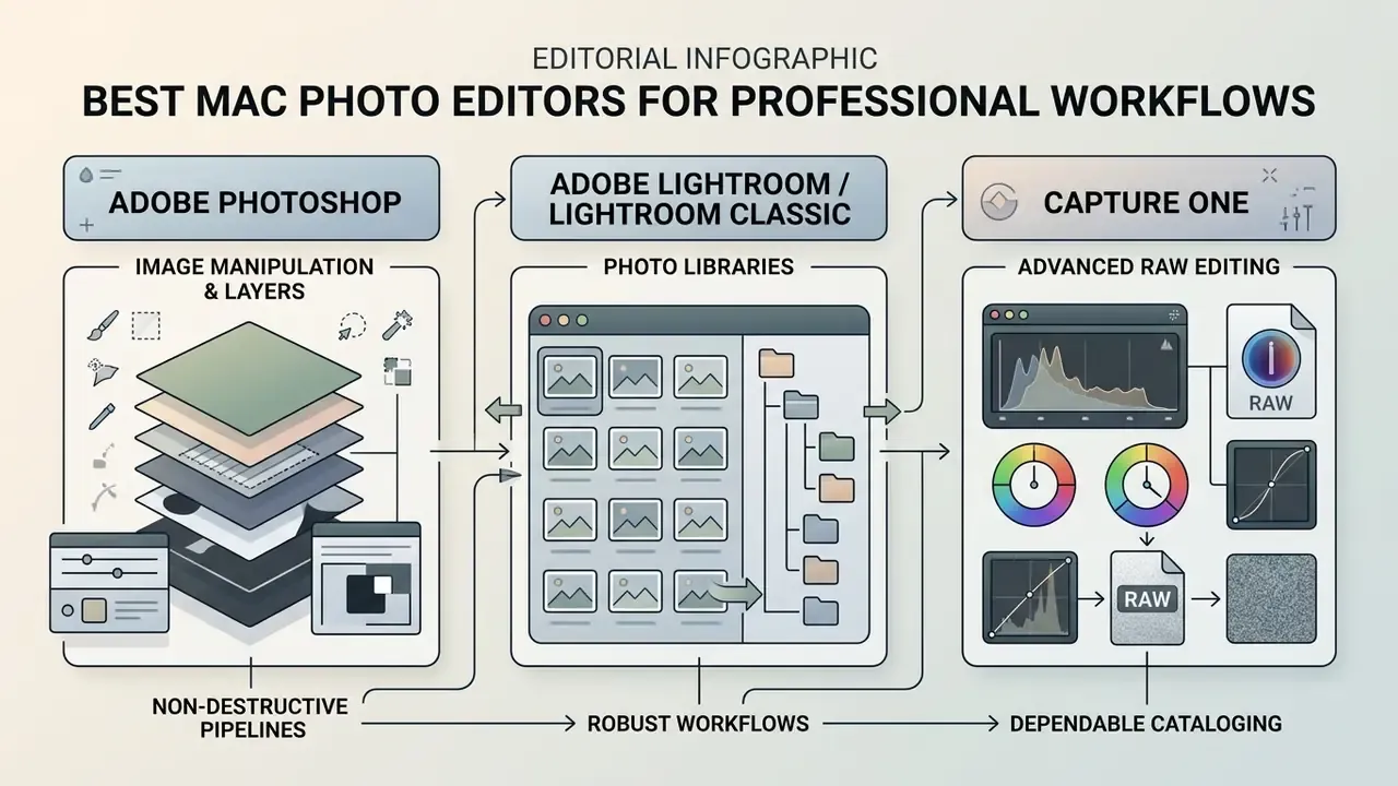 Infographic showing key features of Adobe Photoshop, Lightroom, and Capture One for Mac photo editing