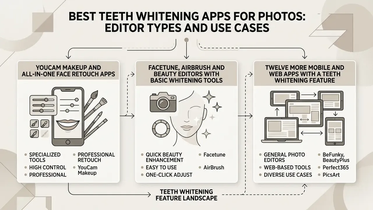 Categorized infographic showing three groups of teeth whitening apps for mobile and web photo editing