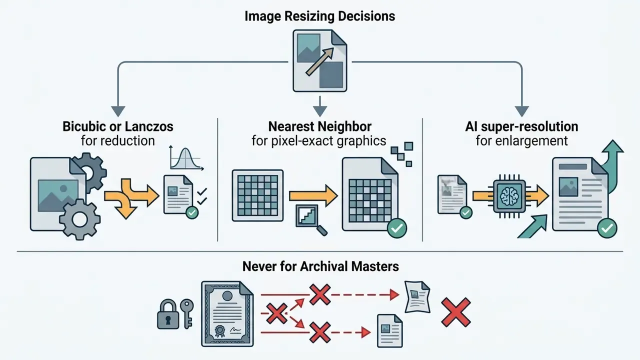 Decision tree comparing resampling methods like bicubic, nearest neighbor, and AI super-resolution