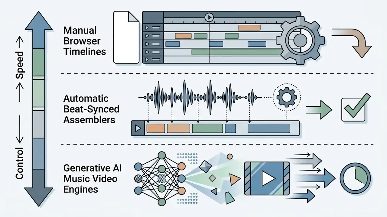 Vertical scale comparing speed and control across manual timelines, beat-synced assemblers, and AI engines