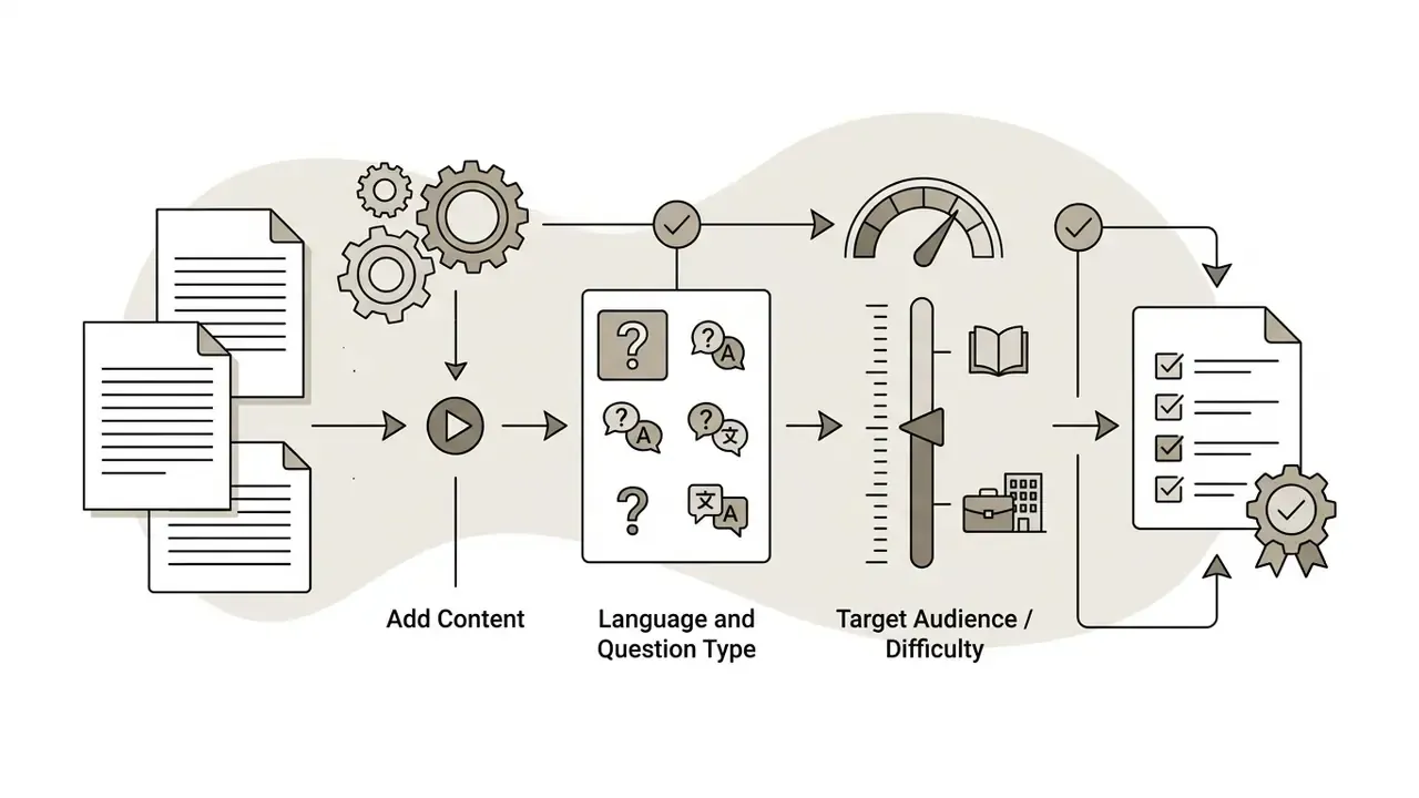 Process icons showing document upload, language selection, difficulty adjustment, and final quiz export