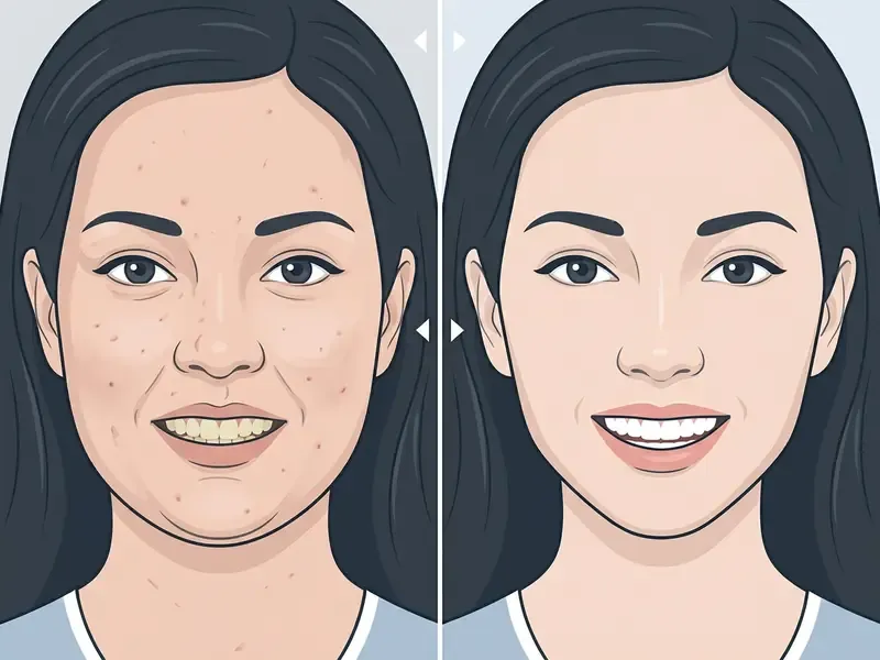 Split screen showing a woman before and after skin smoothing, facial slimming, and teeth whitening