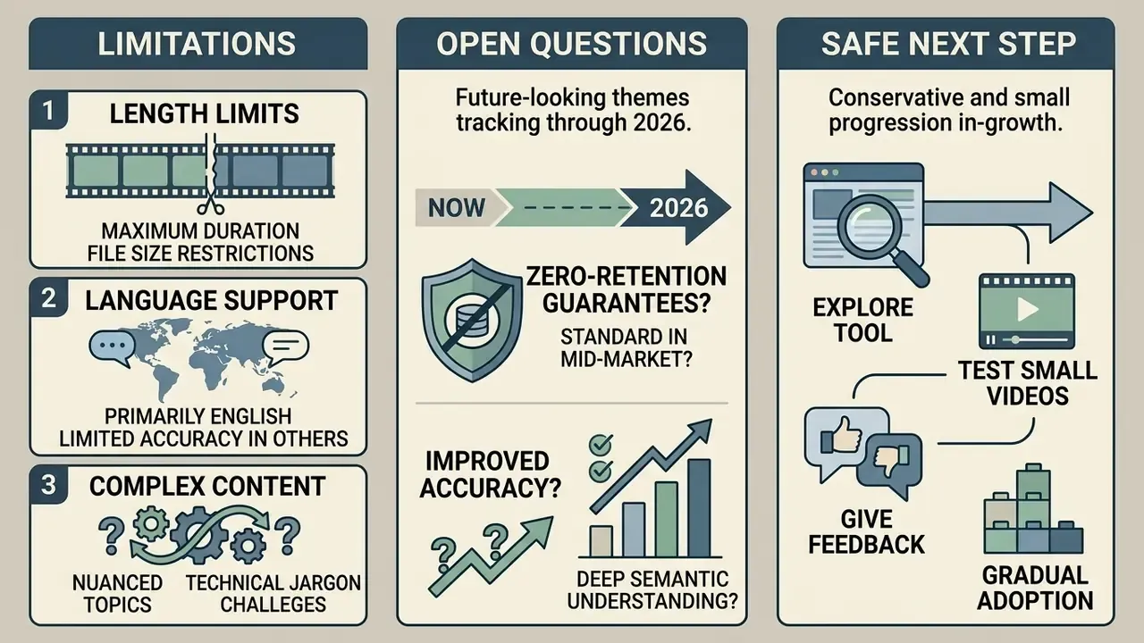 Infographic detailing three technical limitations, future industry questions, and a safe adoption strategy