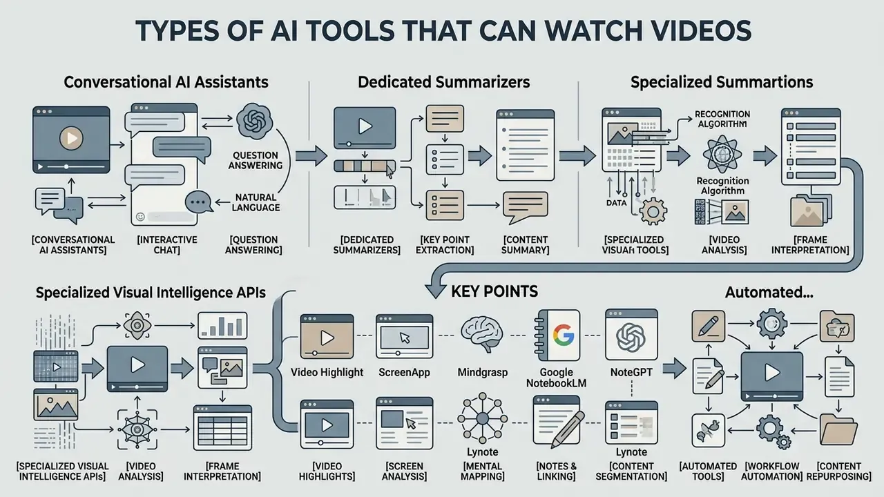 Categorization of AI tools for video analysis showing functional workflows and specific software examples