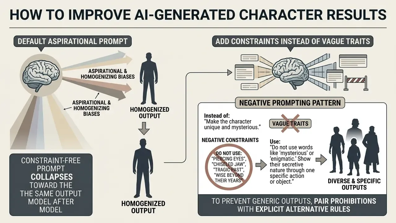 Comparison diagram showing how negative constraints improve AI character description generator results
