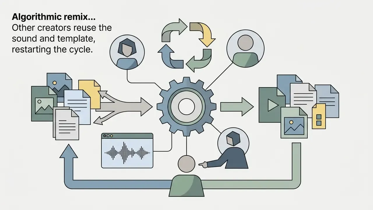 Central gear mechanism connecting content creators, audio files, and digital media assets in a loop
