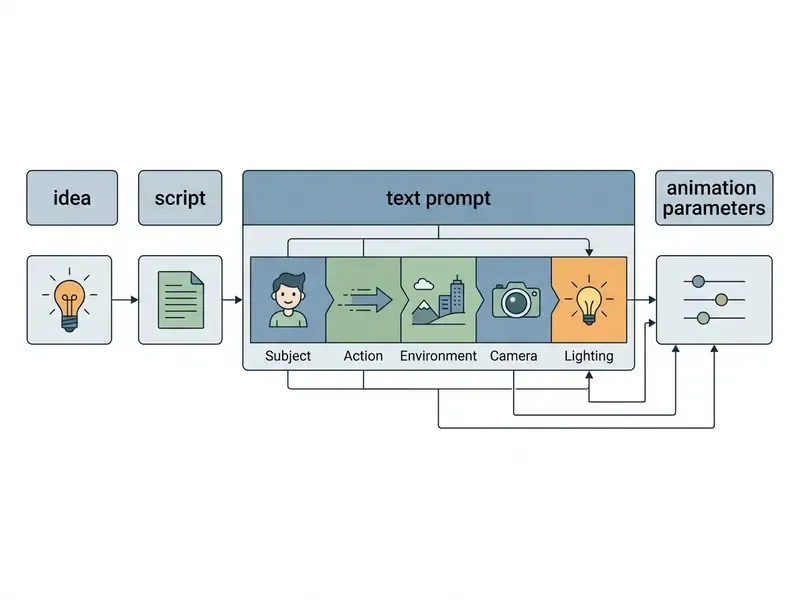 Diagram breaking down the components of an AI animation text prompt including subject and lighting