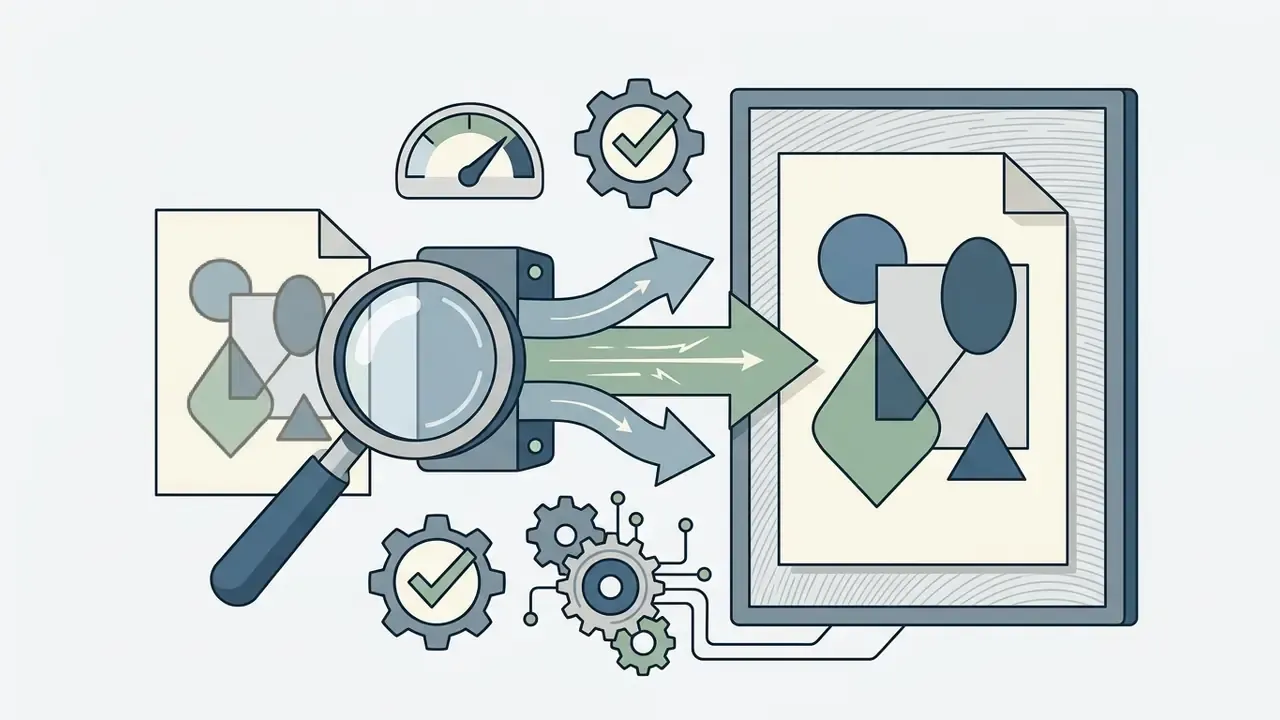 Magnifying glass analyzing a document and processing it into a larger sharper image with gear icons