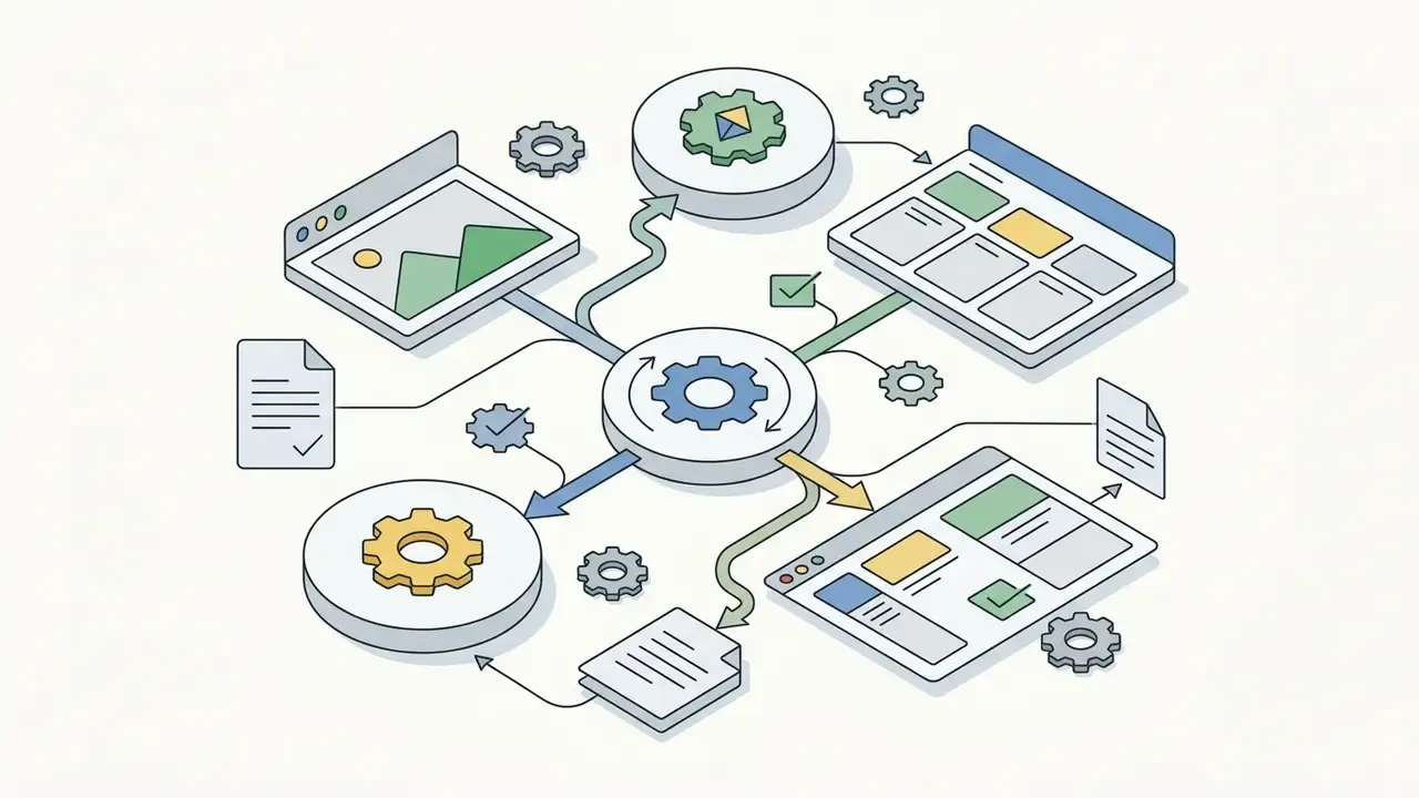 Central gear mechanism connecting browser windows and document icons with directional arrows