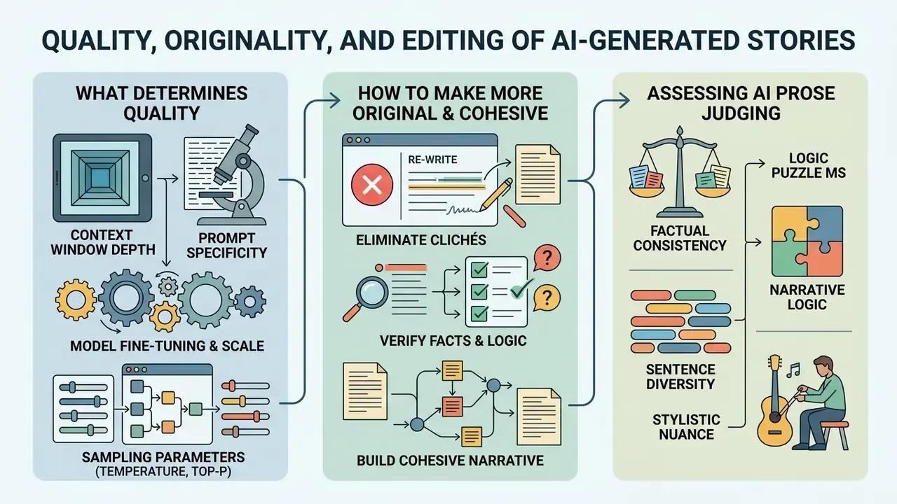 Three-part sequence showing factors for AI story quality, editing techniques, and prose assessment methods
