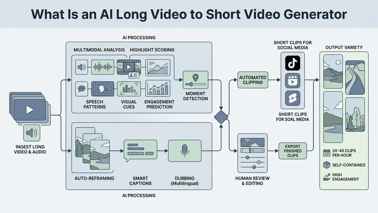 Flowchart showing how AI tools analyze long media to automatically generate and edit short vertical clips