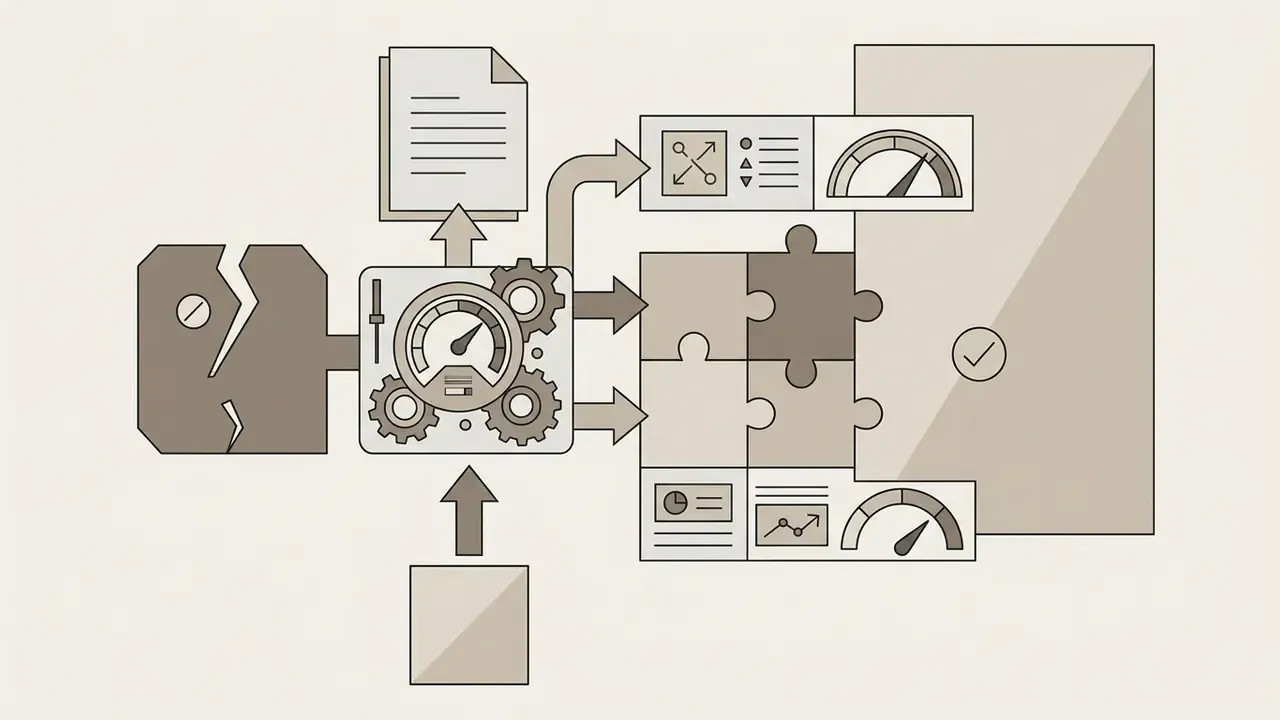 Data flowing through a gear mechanism to assemble puzzle pieces and update AI image editing metrics