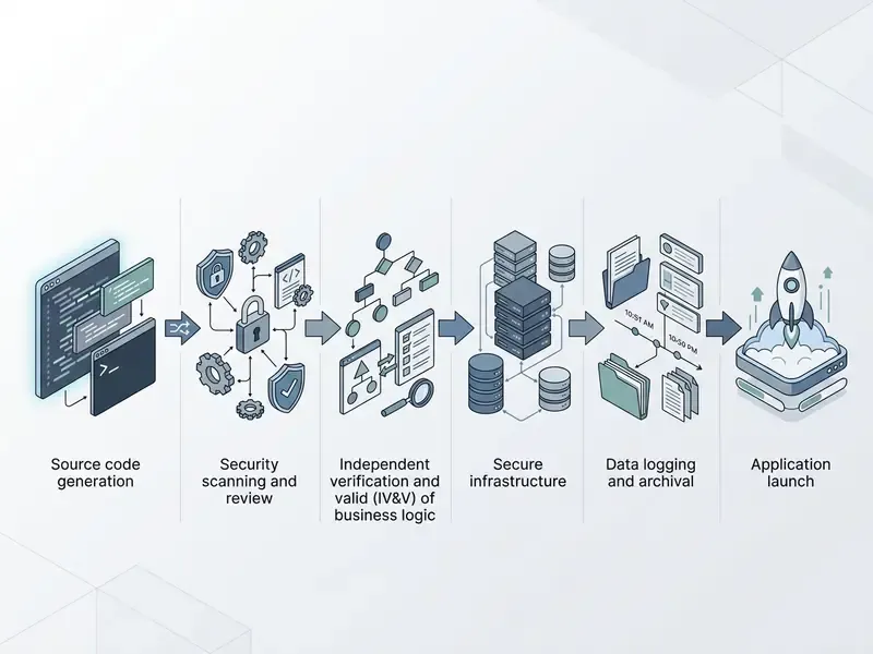 Process flow showing code generation, security review, logic verification, infrastructure, and launch
