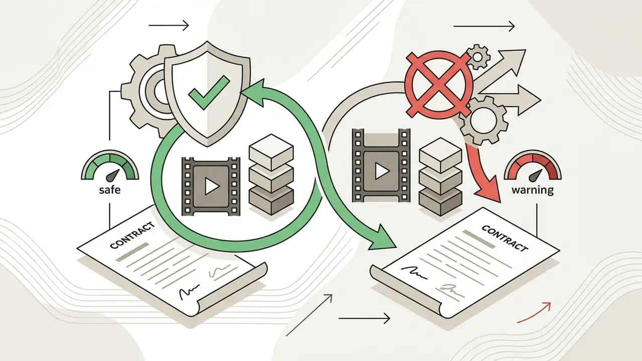 Looping diagram contrasting protected video assets and contracts with risky, restricted content