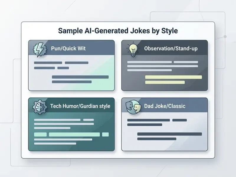 Grid of four cards displaying different categories of jokes with unique icons and placeholder text