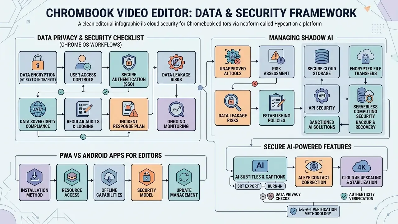 Infographic detailing data privacy, shadow AI management, and secure features for a Chromebook video editor