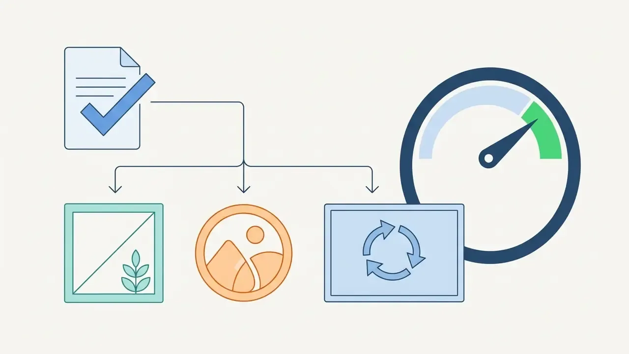 Checkmarked document icon connected to image file format icons and a speedometer gauge