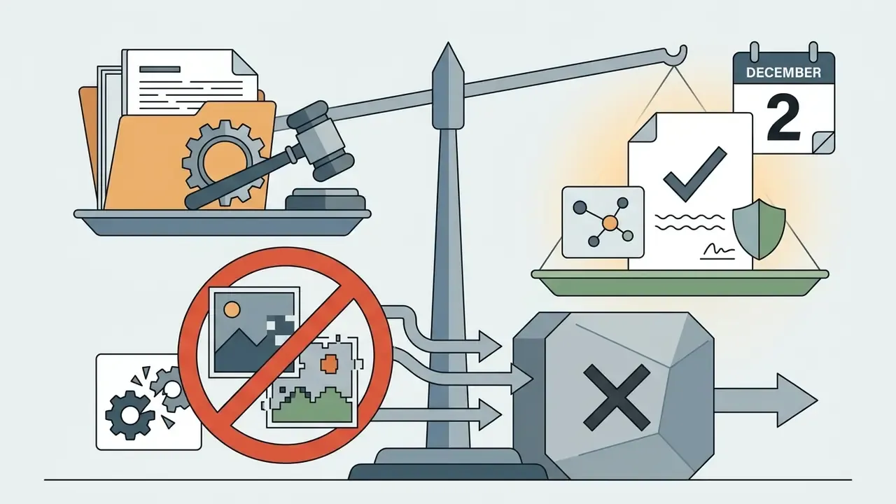 Legal scale balancing documents and a gavel against a compliant document and a December calendar date