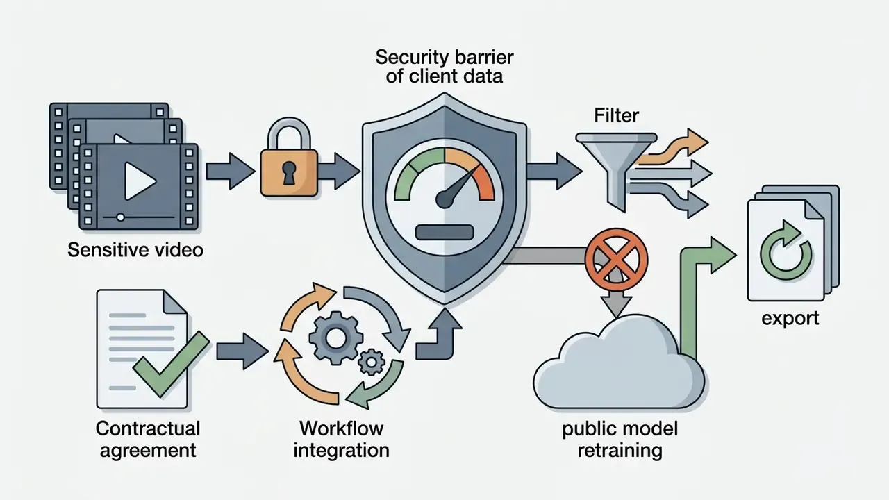 Shield icon blocking sensitive video inputs from public model retraining while allowing filtered exports
