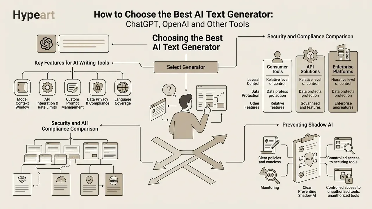 Infographic mapping evaluation criteria for writing tools, security comparisons, and shadow AI prevention