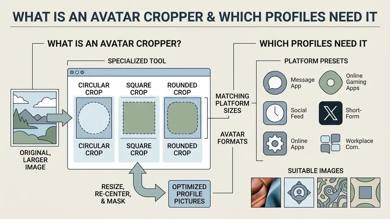 Infographic showing how an avatar cropper resizes images into various platform shapes and formats