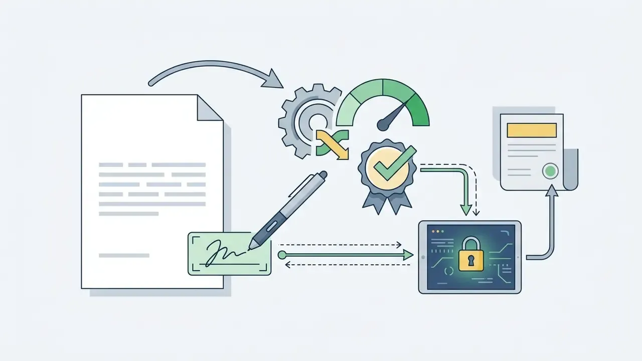 Document being signed and processed through gears and a security badge to reach a final locked state