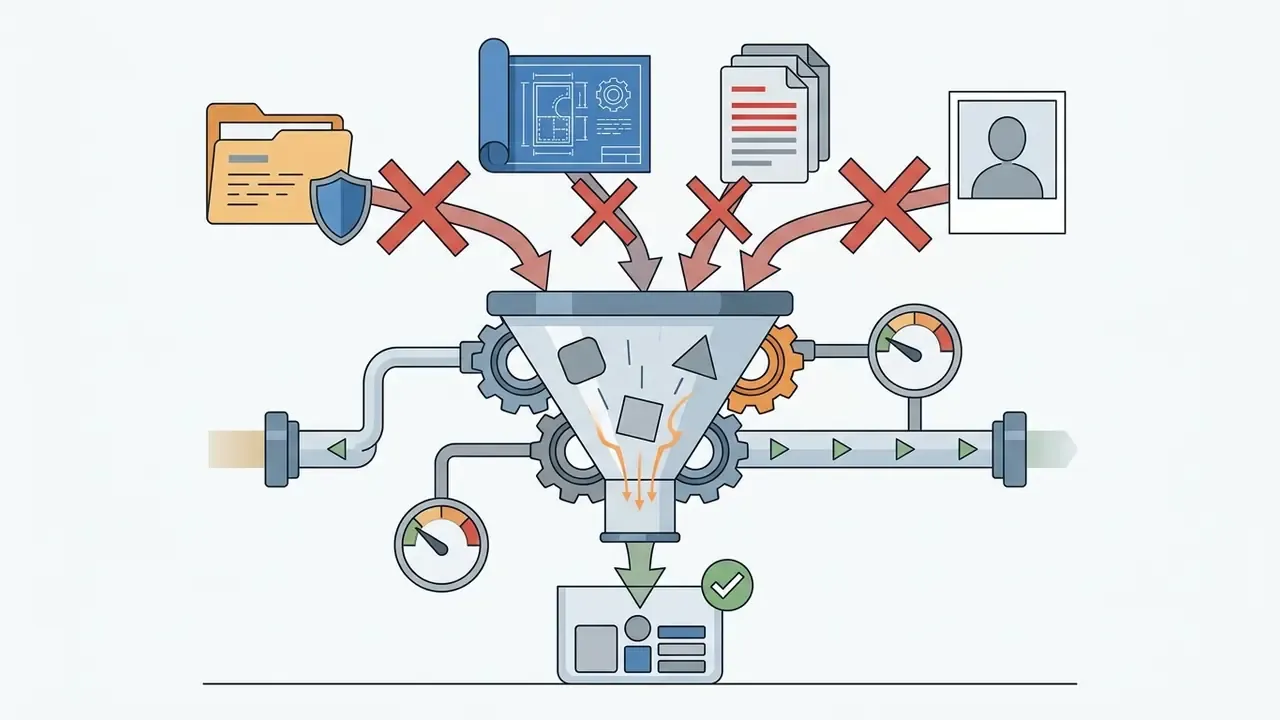 Red X marks blocking data files and personal photos from entering a funnel connected to a processing system