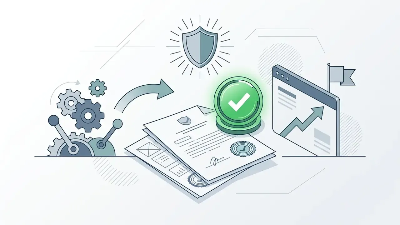 Gears connecting to legal documents with a checkmark seal and a browser window showing growth trends