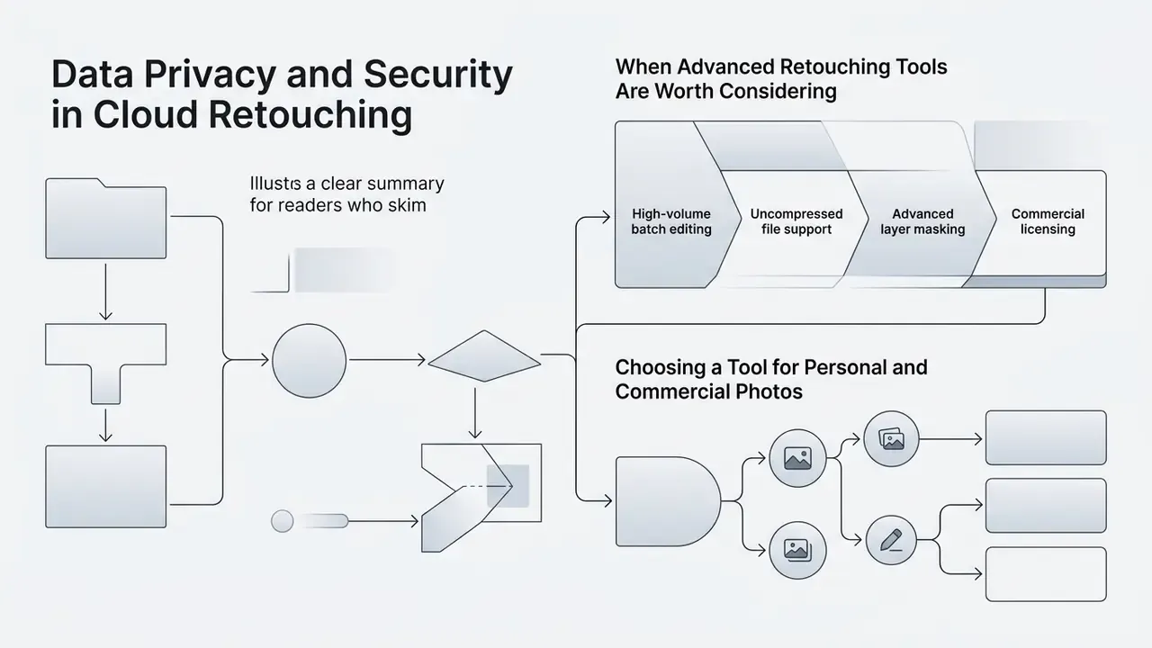 Flowchart outlining criteria for choosing cloud retouching tools and when to use advanced features