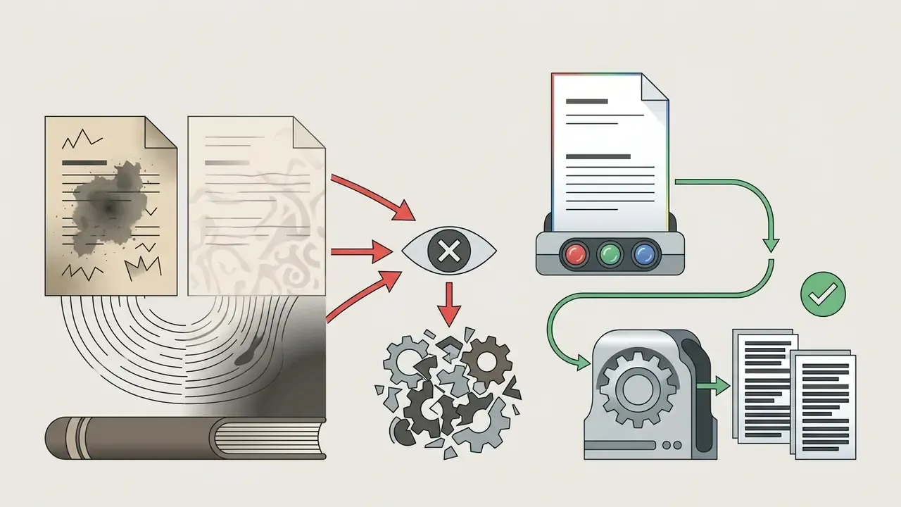 Diagram showing poor quality documents being processed through a scanner and gears into clean files