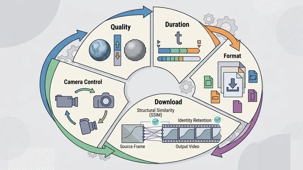 Circular model showing quality, camera control, duration, format, and download metrics for video generation