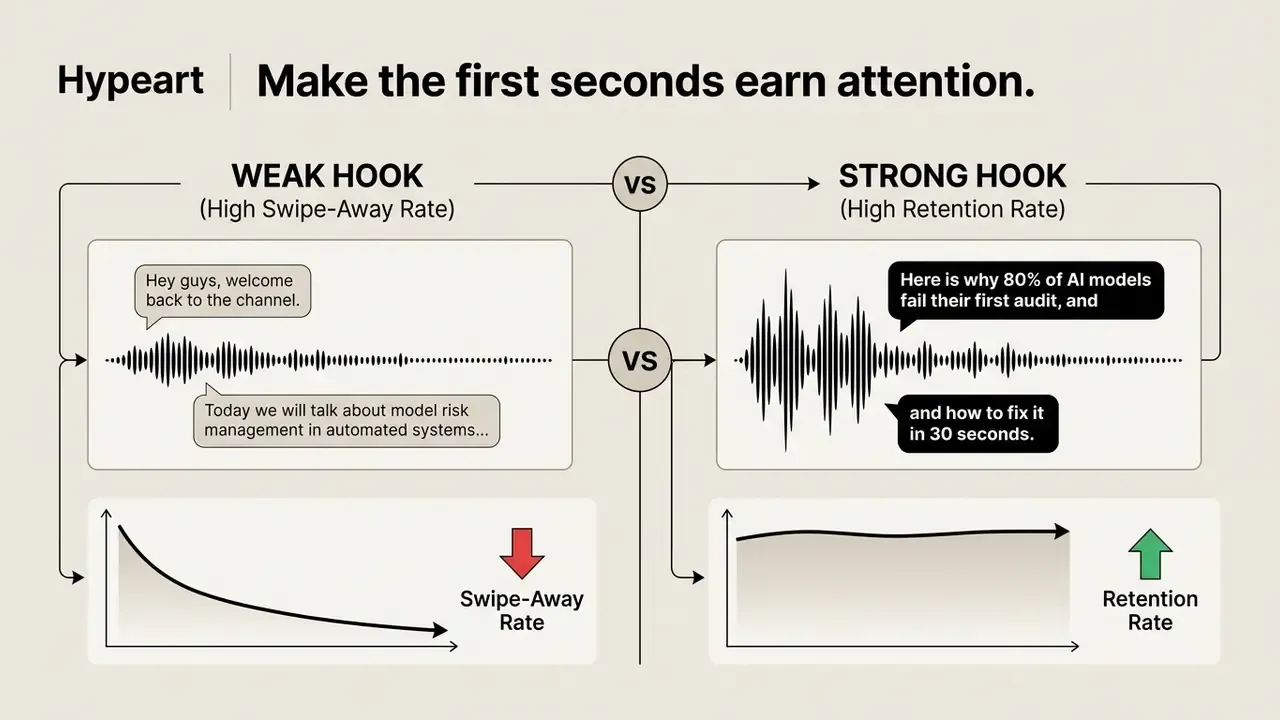 Comparison of weak and strong video hooks showing audio waveforms and their impact on viewer retention