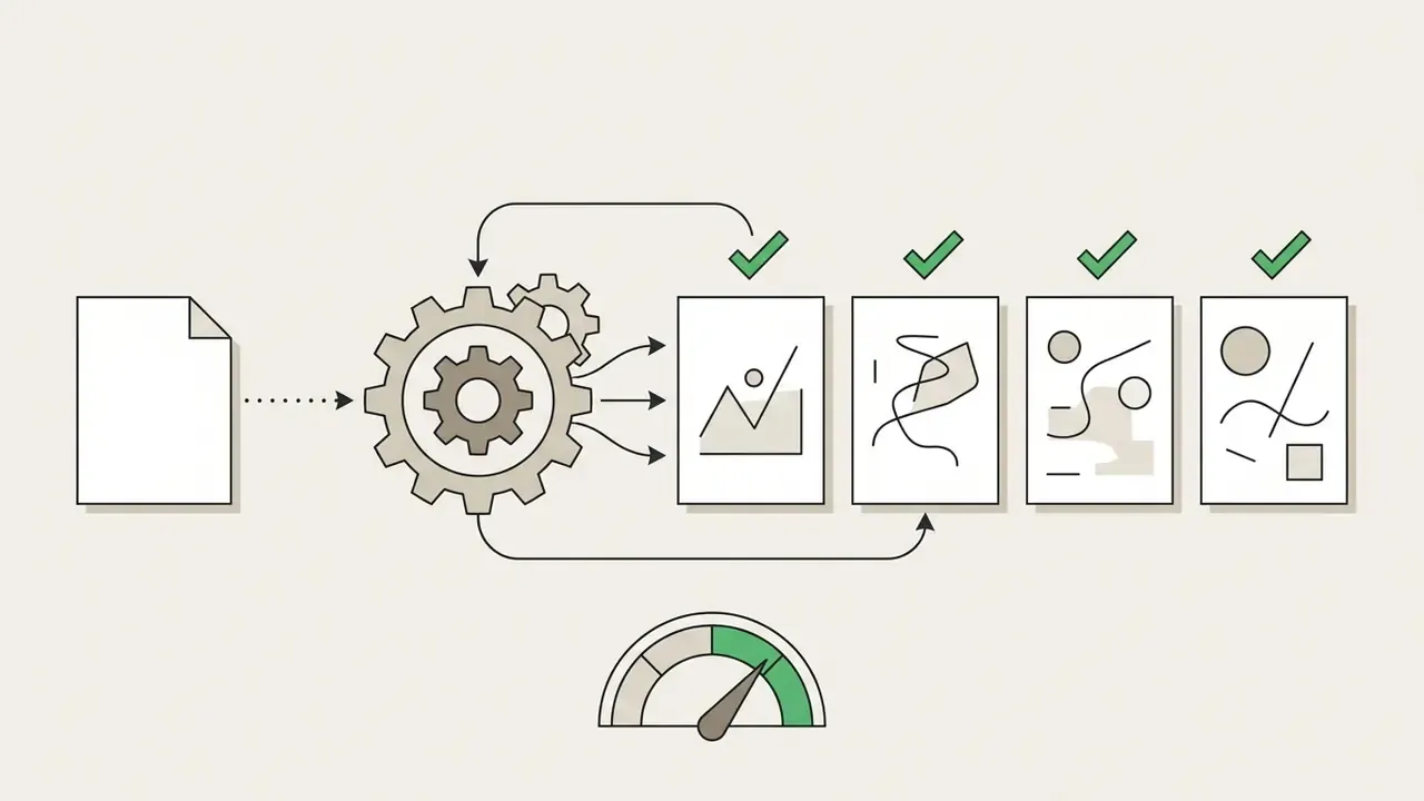 Process showing a prompt document entering gears to generate four distinct AI image candidates