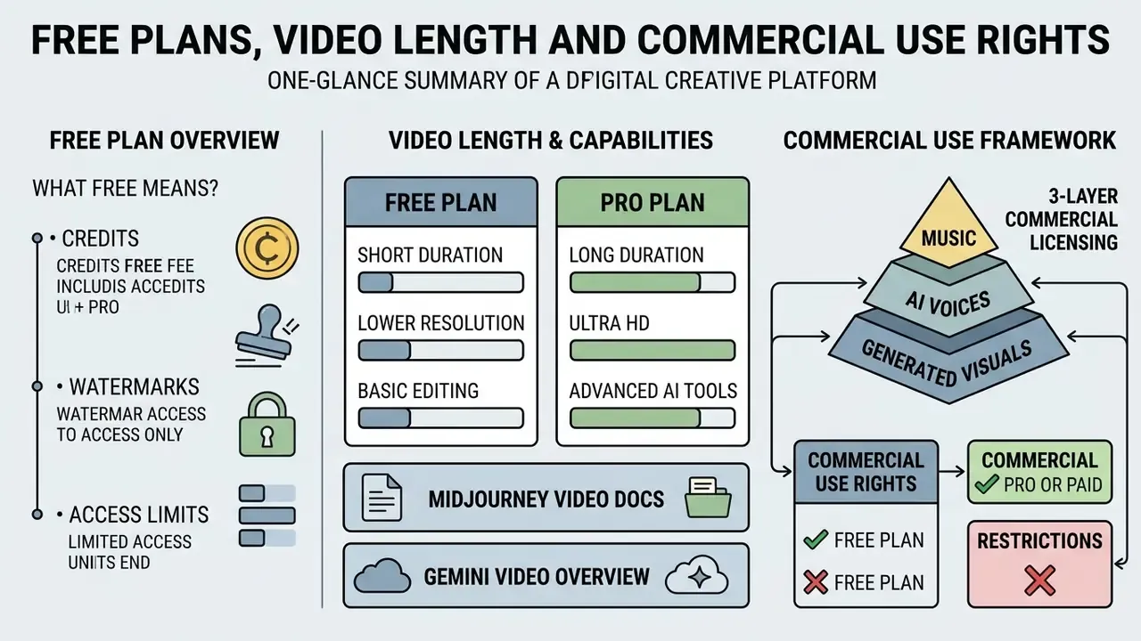 Comparison infographic detailing plan features, video length capabilities, and commercial licensing layers