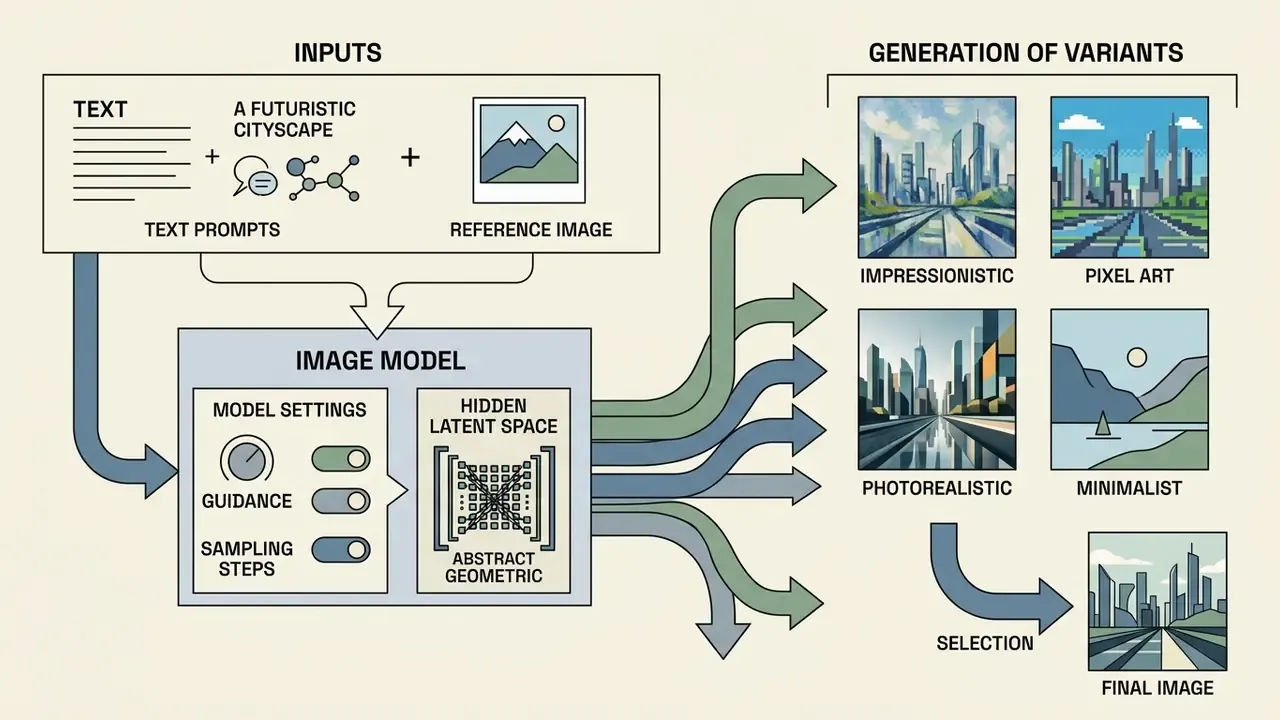 Flowchart showing how text and image inputs are processed by model settings to create varied output styles