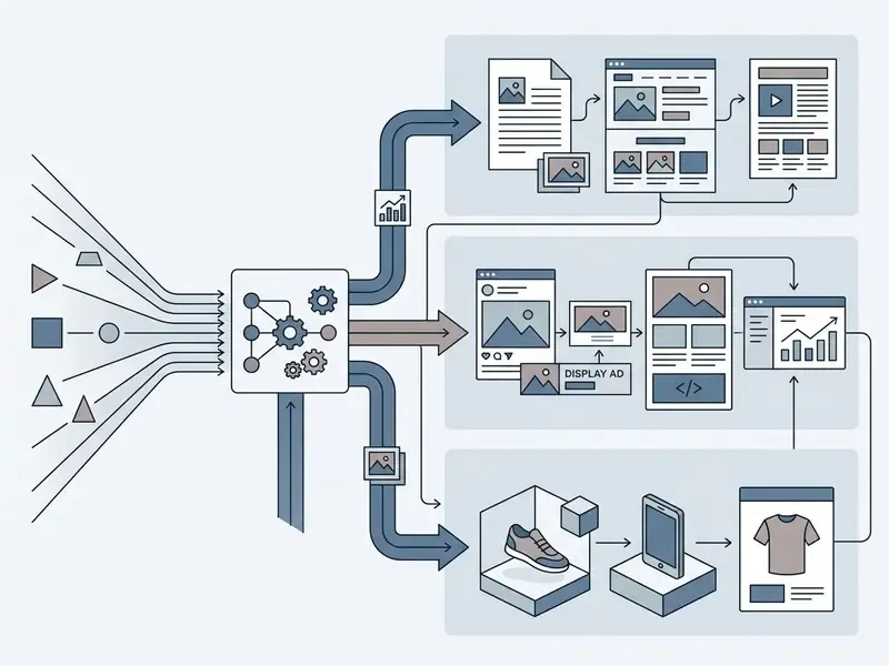 Diagram showing input data flowing into a central processing hub to create diverse digital marketing assets