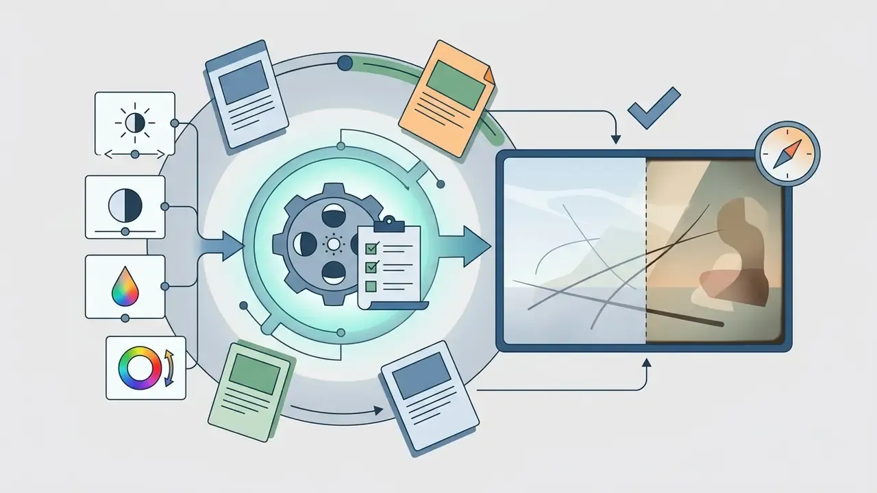 Adjustment icons feeding into a central gear mechanism that outputs a split screen color grade preview