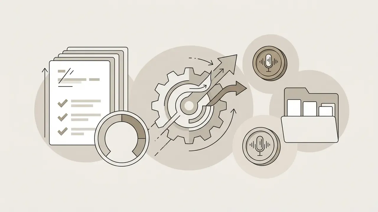 Stack of documents, a gear mechanism, microphone icons, and a folder representing AI voice processing