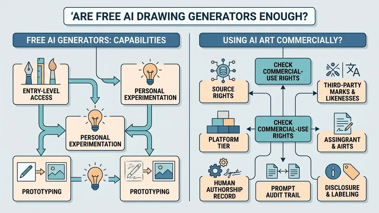 Flowchart comparing capabilities of free AI tools with considerations for commercial art usage