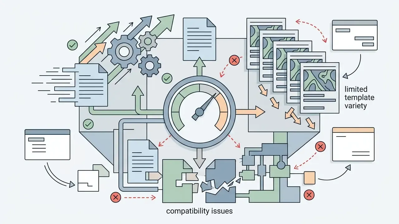 Speed gauge surrounded by icons representing fast document generation alongside template and format limitations