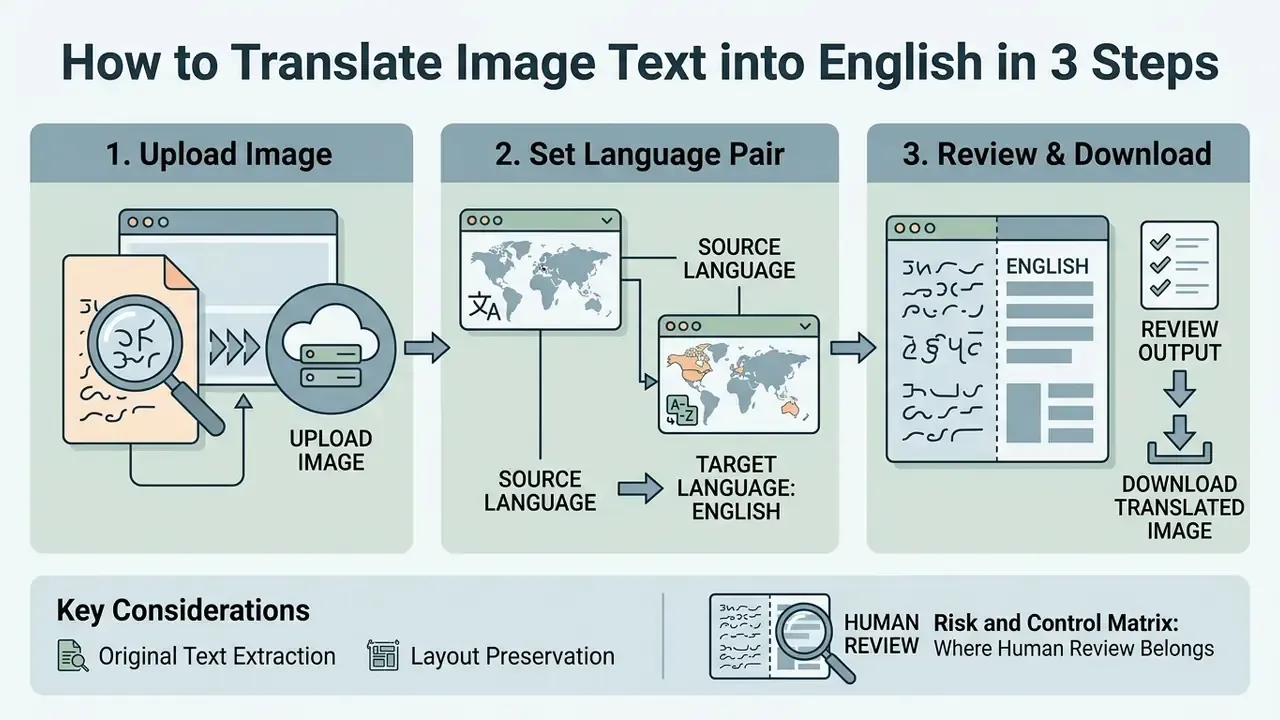 Three step process diagram showing image upload, language selection, and final review for translation