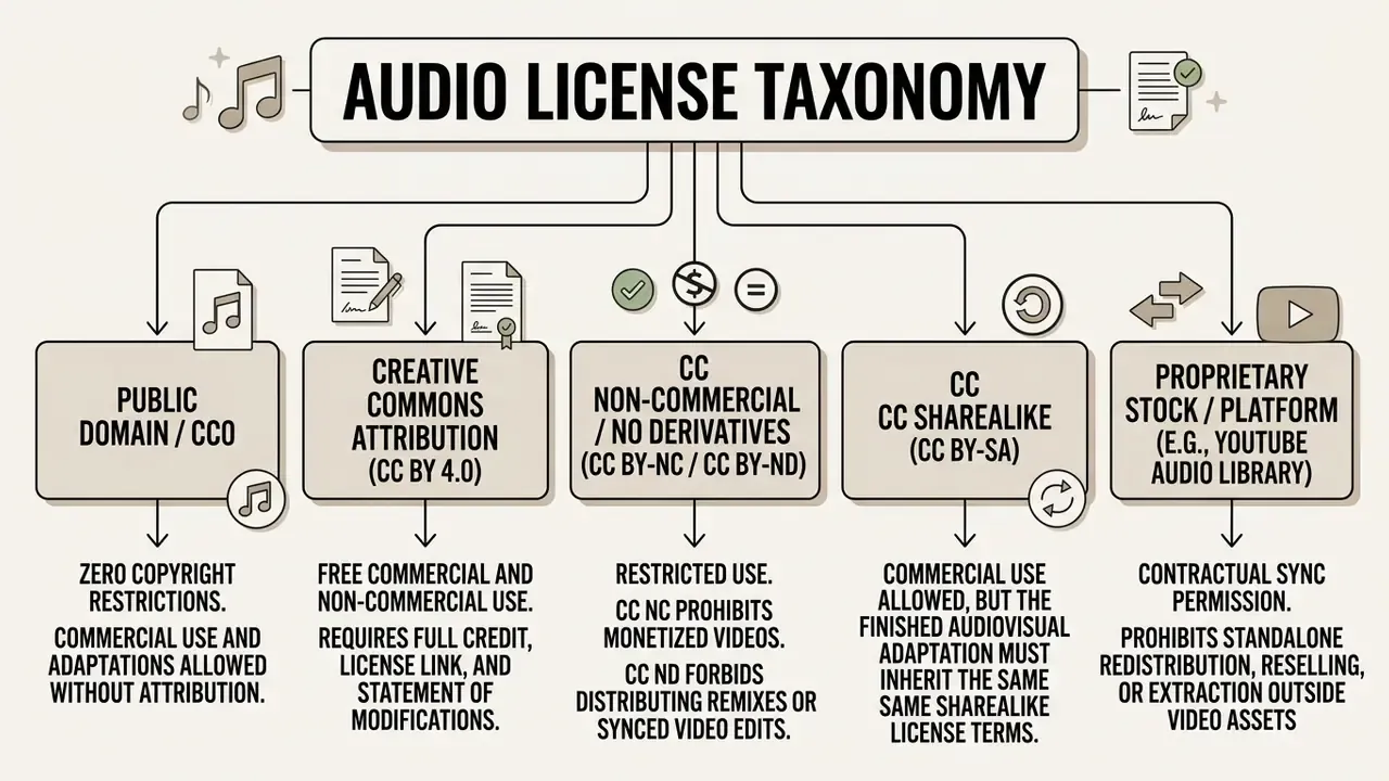 Flowchart categorizing audio licenses for free music for video editing with icons and usage descriptions