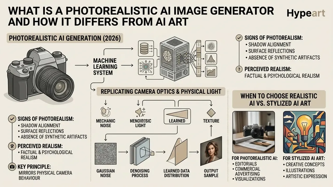 Infographic explaining how machine learning systems replicate camera optics and light to create realism