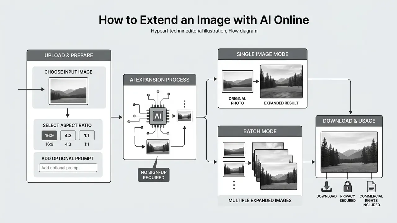 Step-by-step diagram showing the workflow from uploading a photo to generating and downloading expanded results