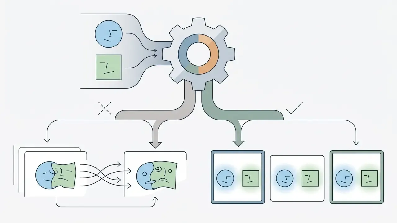 Diagram showing how spatial anchors prevent character merging by separating subjects into distinct frames