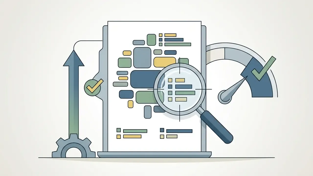 Magnifying glass over a document with a word cloud and a speedometer gauge indicating a verified status