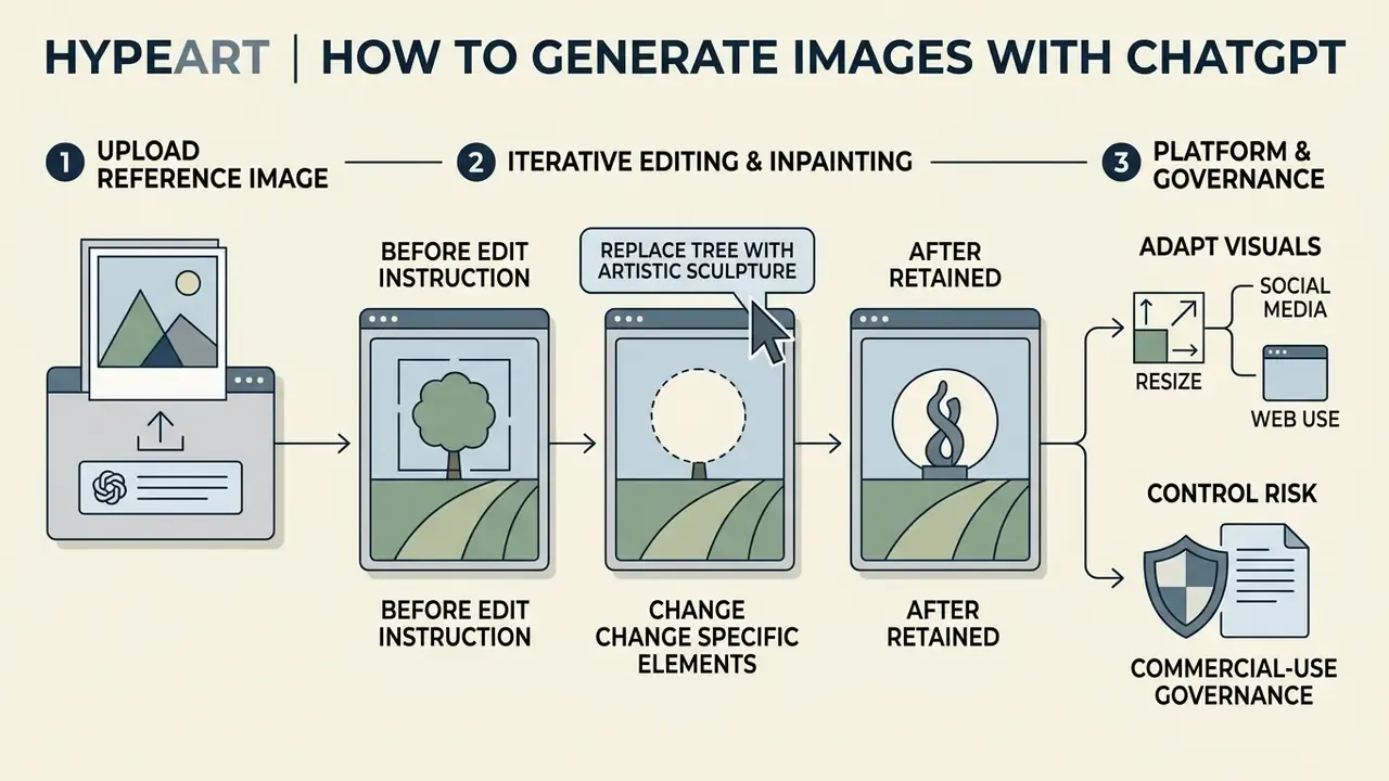 Step-by-step infographic showing how to upload reference images and use inpainting to edit ChatGPT outputs