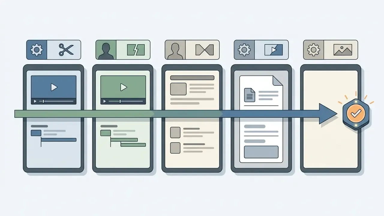 Horizontal sequence of five digital project screens leading to a completed task checkmark icon